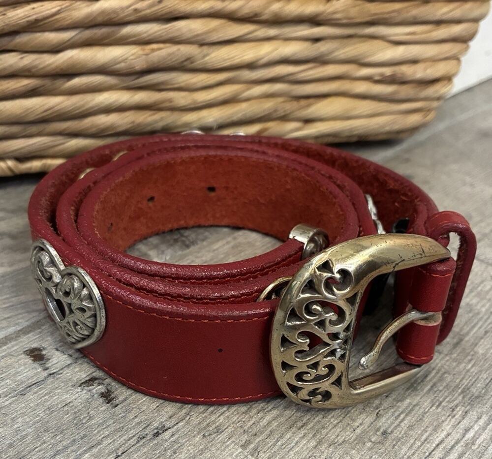 Vintage 1995 Brighton Red Leather Belt Silver Filigree Hearts Western Boho Large